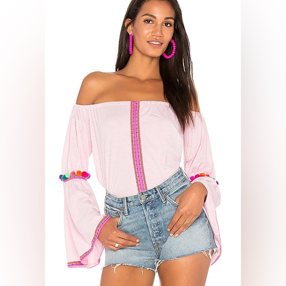 PITUSA x Revolve Flute Sleeve PomPom Bardot Beach top in pink - Os